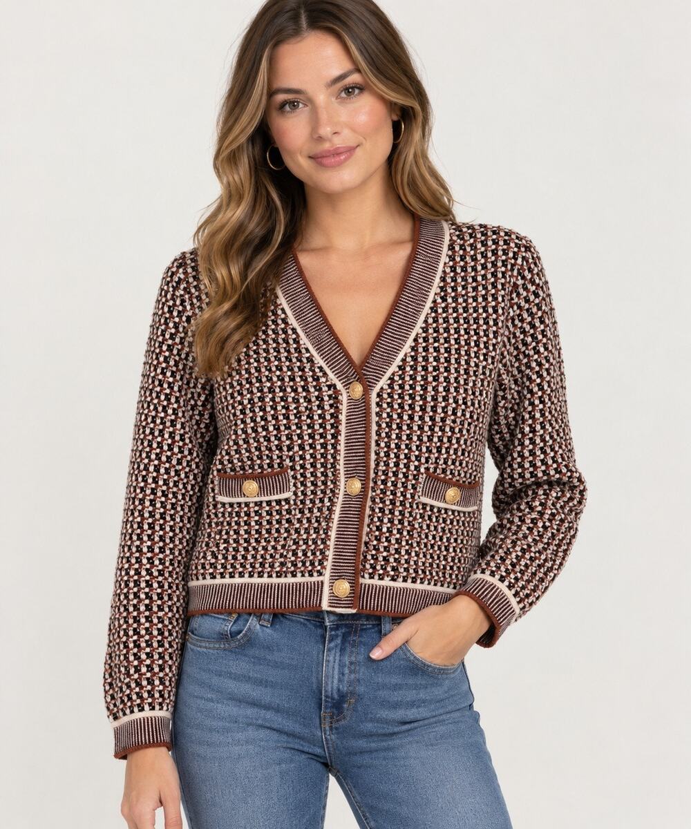 URBAN REVIVO Tweed Plaid Cardigan V Neck Long Sleeve Cropped Cardigan